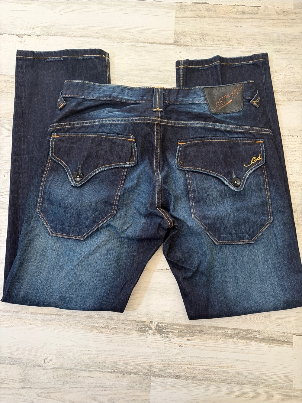 Ed Hardy Men's Indigo Blue Slim Jeans with Contrast Stitching Size 34